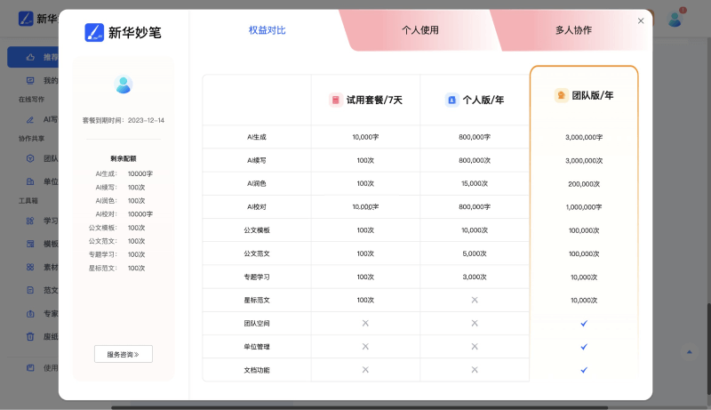 新华妙笔不同价格权益对比